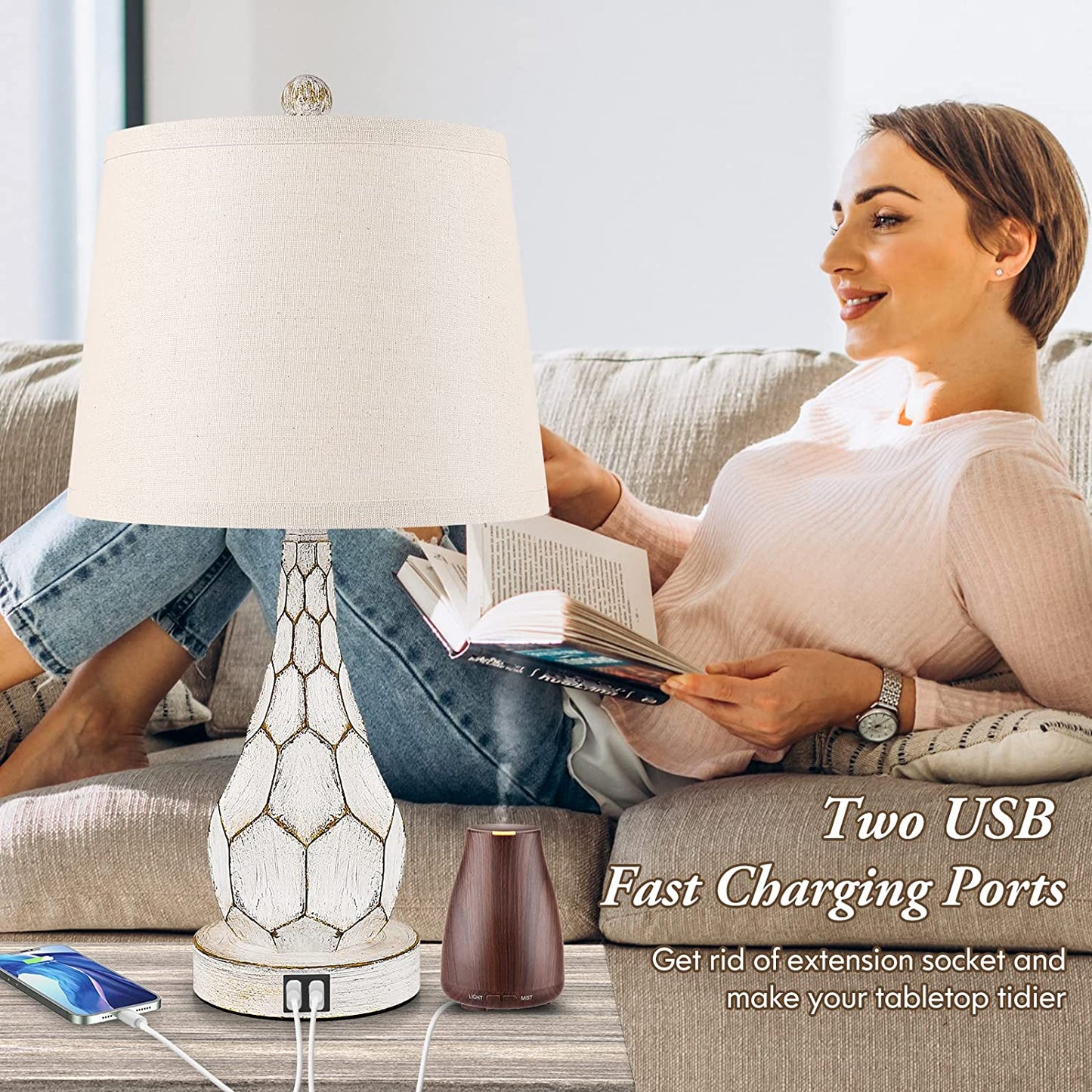 Rustic Dimmable Touch Table Lamps Set of 2 Retro Bedside Lamps with 2 USB Charging Ports 3-Way Dimmable Nightstand Lamps for Bedroom Living Room Office Vintage Desk Lamps with Fabric Shade & LED Bulbs
