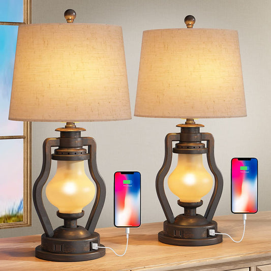 Farmhouse Table Lamps Set of 2 with Nightlight, Lantern Bedside Lamp with 2 USB Port and Outlet, 24 Inch Rustic Nightstand Lamp with Tapered Drum Shade for Living Room Bedroom, Bulbs Included