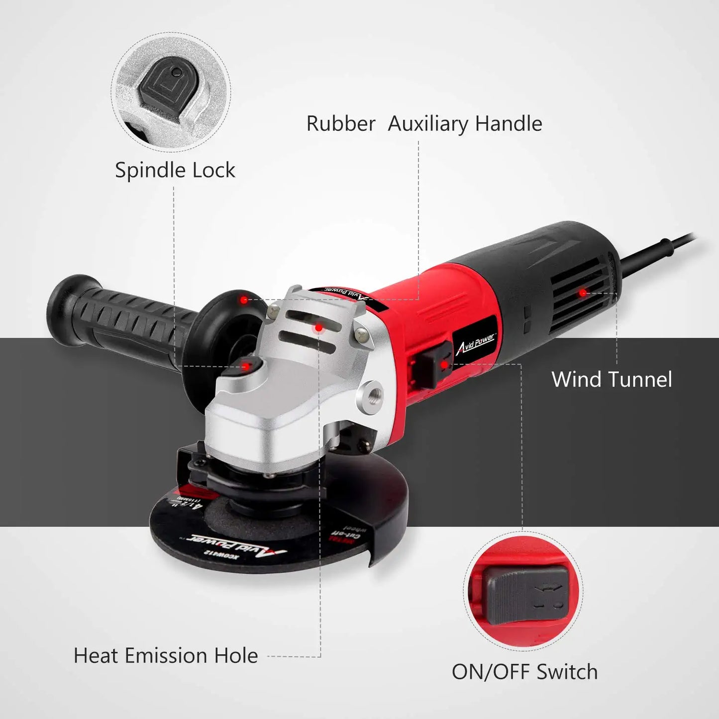 Angle Grinder, 7.5-Amp 4-1/2 Inch Electric Grinder Power Tools with Grinding Wheels, Cutting Wheels, Flap Disc and Auxiliary Handle for Cutting, Grinding, Polishing and Rust Removal - Red