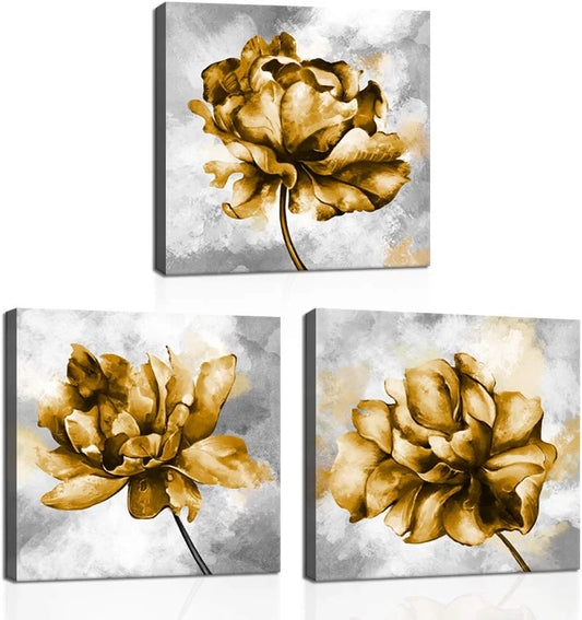 Gold Flower Pictures Wall Art Print on Canvas 3 Piece Yellow Flower Pictures Elegant Floral Art Wall Decor for Home Bedroom Gallery Wrap Easy to Hang 12"X12"X3Pcs