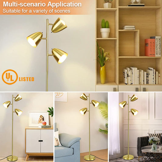 DLLT Modern Floor Lamp, 3-Light Reading Standing Tree Lamp with Adjustable Metal Heads, Brass Tall LED Lighting for Living Room, Bedroom, Study Room, Office, E26 Base (Bulbs Include)