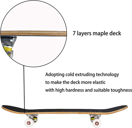 Pro Complete Skateboards for Beginners Adults Youths Teens Kids Girls Boys 31"X8" Skate Boards 7 Layer Canadian Maple Double Kick Concave Longboards