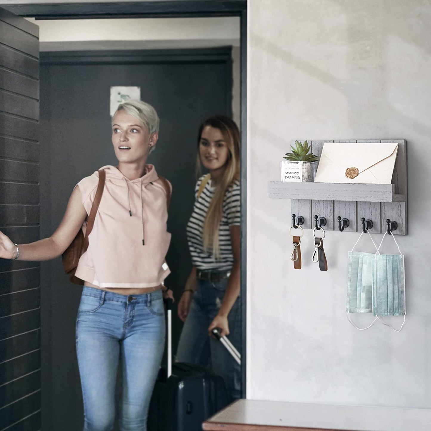 Decorative Key and Mail Holder for Wall - Rustic Key Hooks with Floating Shelves Mail Organizer for House Apartment Entryway Decor - Premium Key Hanger, Light Grey