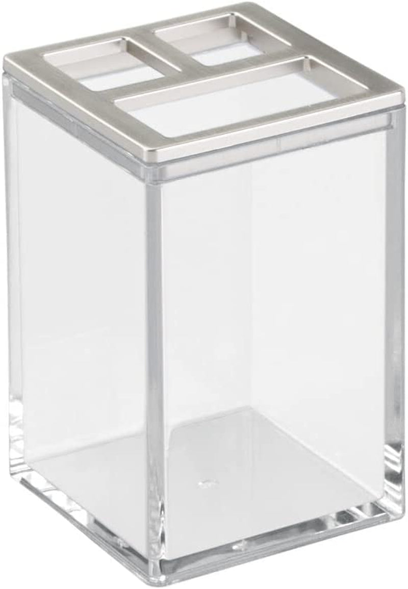 Mdesign Plastic Bathroom Vanity Counter Organizers, Dispenser Pump, Toothbrush Stand, Storage Jar, Soap Dish, for Cotton Swabs, Toothpaste, Makeup, Lumiere Collection, Clear/Brushed Chrome