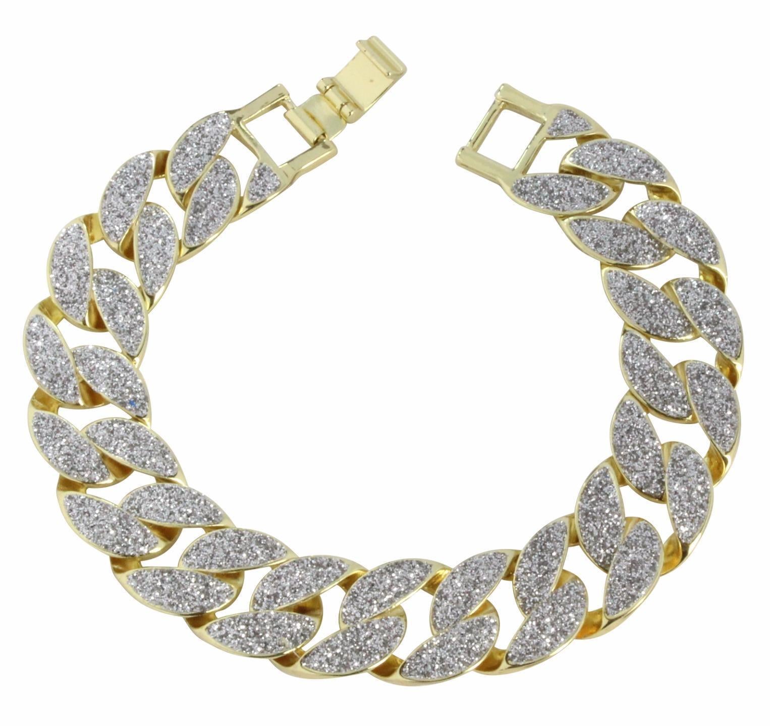 Mens Frosted Glitter Miami Cuban Curb Link 14K Gold Plated 8" Bracelet Hip Hop