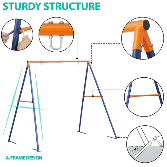 Kids Outdoor A-Frame Swing Stand Set, Large Frame Heavy Duty Steel All-Weather, Backyard Fun