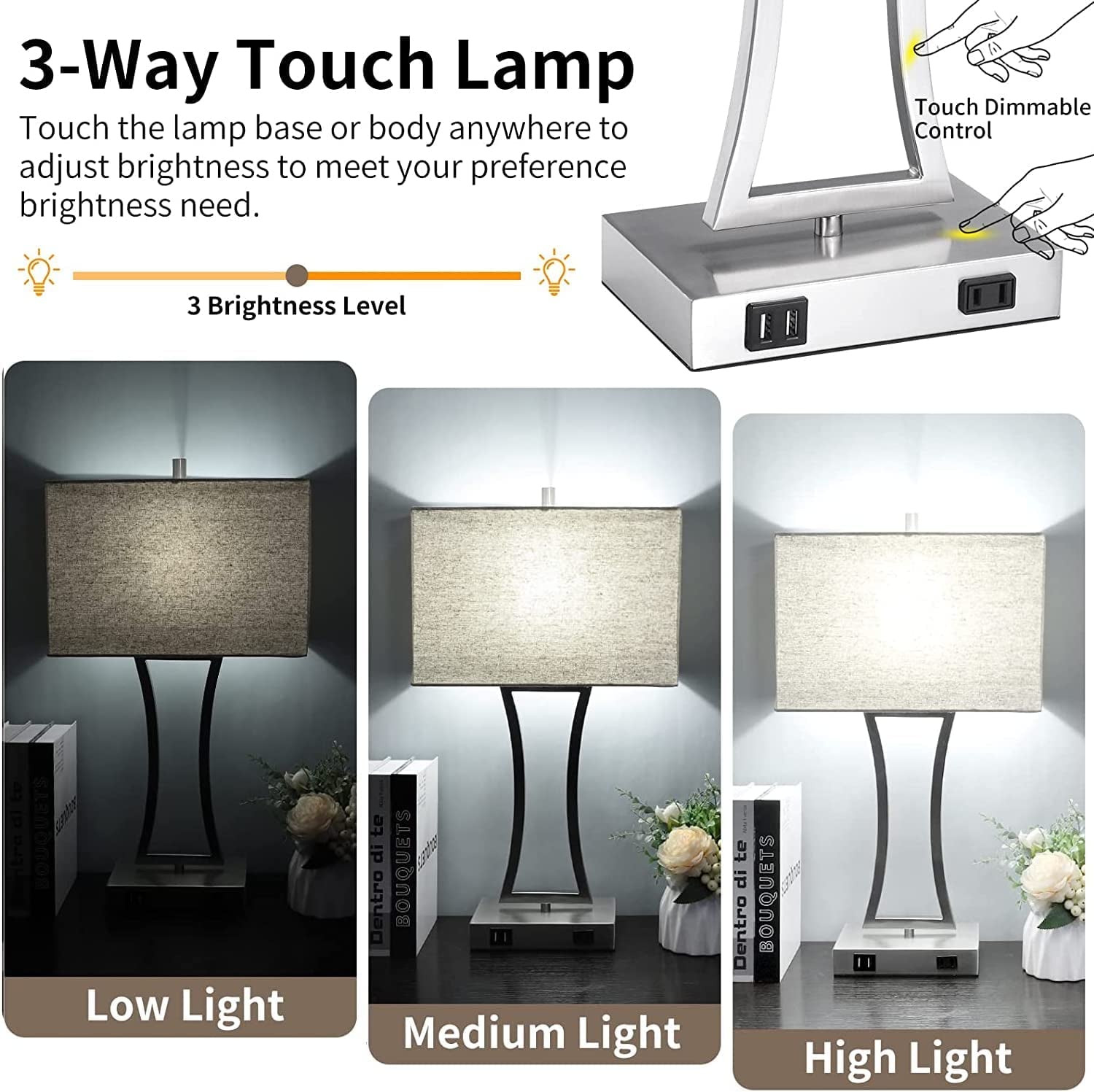 Set of 2 Touch Control 3-Way Dimmable Table Lamp, Nightstand Lamp with USB Port AC Outlet Bedside Nightstand Lamp for Living Room, 22In, Cream Shade, Daylight White Bulbs Included