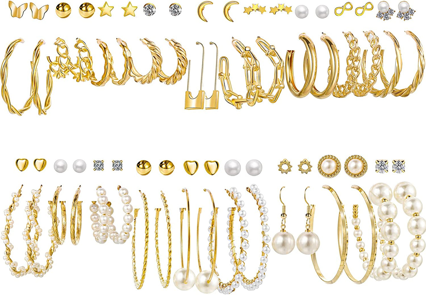 36 Pairs Gold Hoop Earrings Set for Women Girls, Fashion Hoop Stud Drop Dangle Earrings Boho Statement Paperclip Hypoallergenic Earrings for Christmas Jewelry Gift