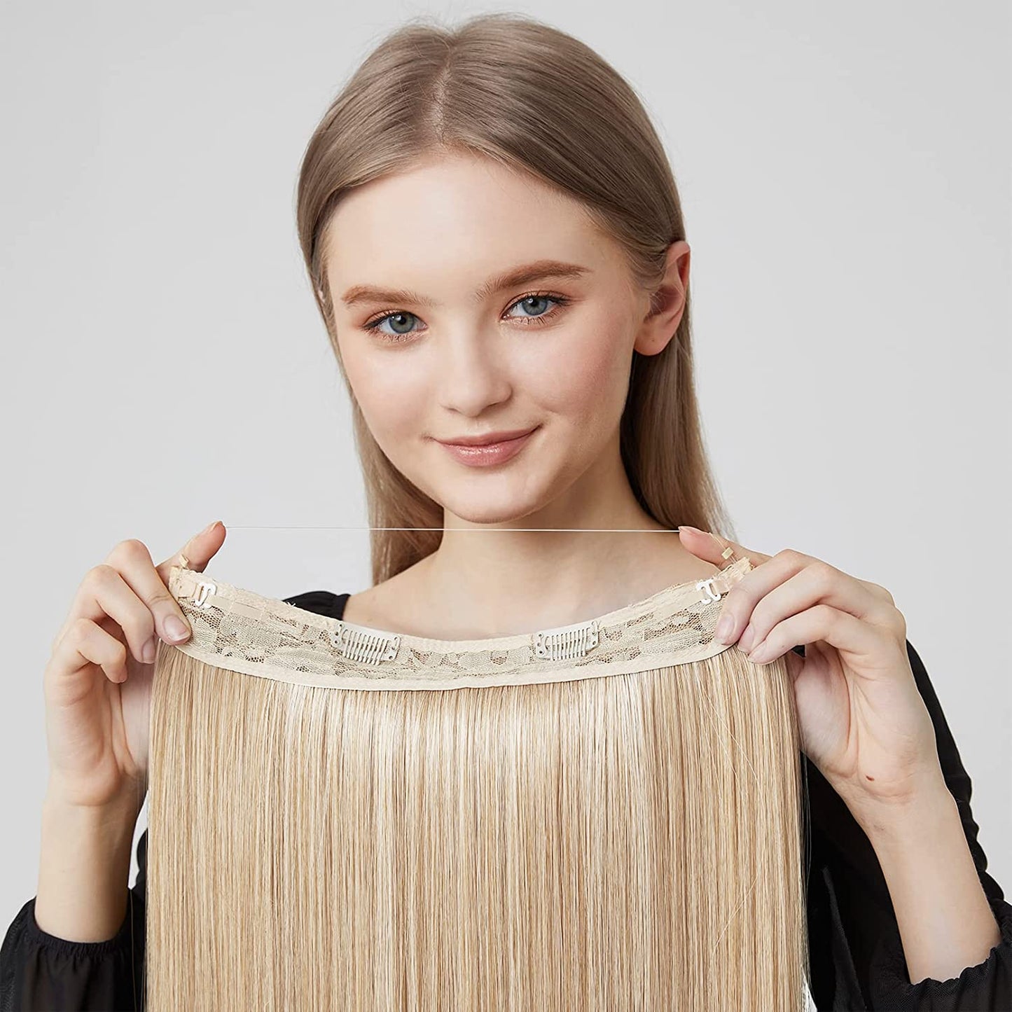 Invisible Wire Hair Extensions with Transparent Headband Adjustable Size Removable Secure Clips in Straight Secret Hairpiece for Women (24 Inch, Light Blonde)