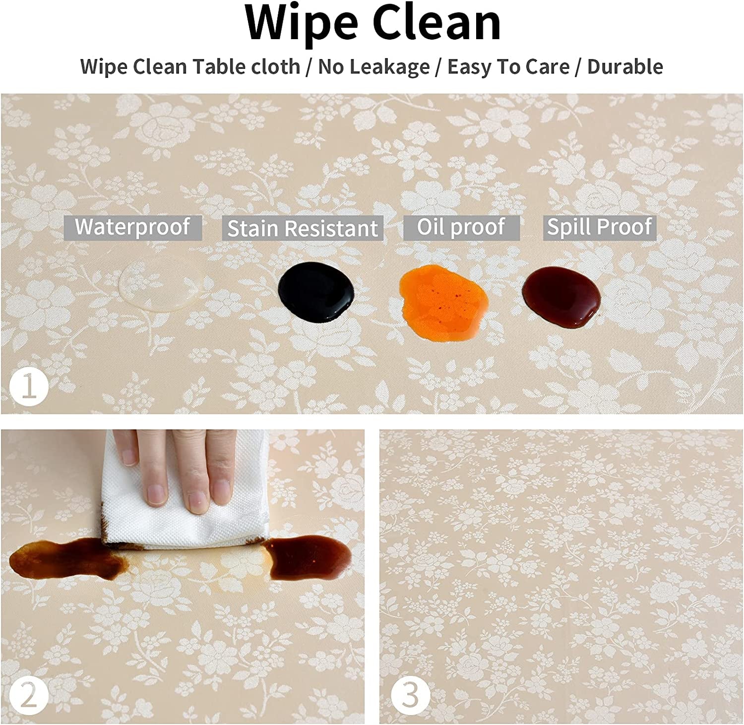 Rectangle Vinyl Tablecloth,100% Waterproof Heavy Duty Oil Spill Proof Stain Resistant Plastic PU Table Cover with Flannel Backing for Kitchen/Dining/Parties（Rose Beige, 60 X 84