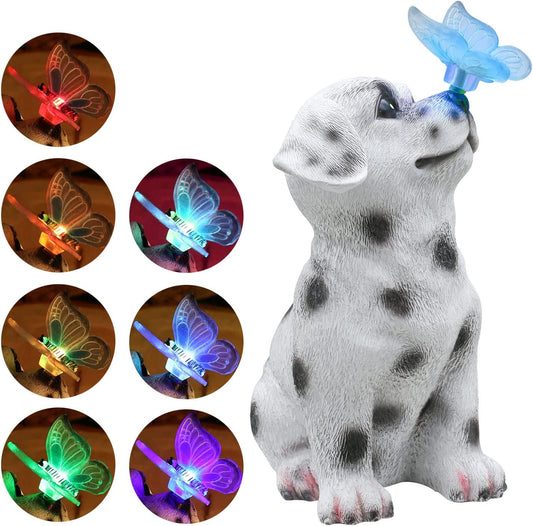 Garden Outdoor Decor-Dog Resin with Solar Butterfly Light Garden Statues Outsides Decorations for Dog Lovers Gardeners Family with Pets,Ornament Gift for Patio Yard Lawn Porch.