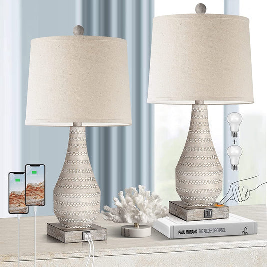 3 Way Dimmable Touch Lamps for Bedroom Set of 2, Bedside Lamp with USB Ports,Rustic Table Lamp for Living Room with Gray Body, Resin Nightstand Lamp with Linen Shade, Farmhouse Lamp for Study Room