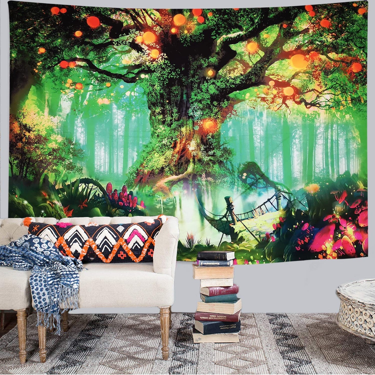 Blacklight Tapestry UV Reactive Tree of Life Tapestry Wall Hanging, Fantasy Forest Tapestries with Fairy Tales Tapestry Posters Trippy Mushroom Tapestry for Bedroom Glow in the Dark (59.1 in X 82.7 In)