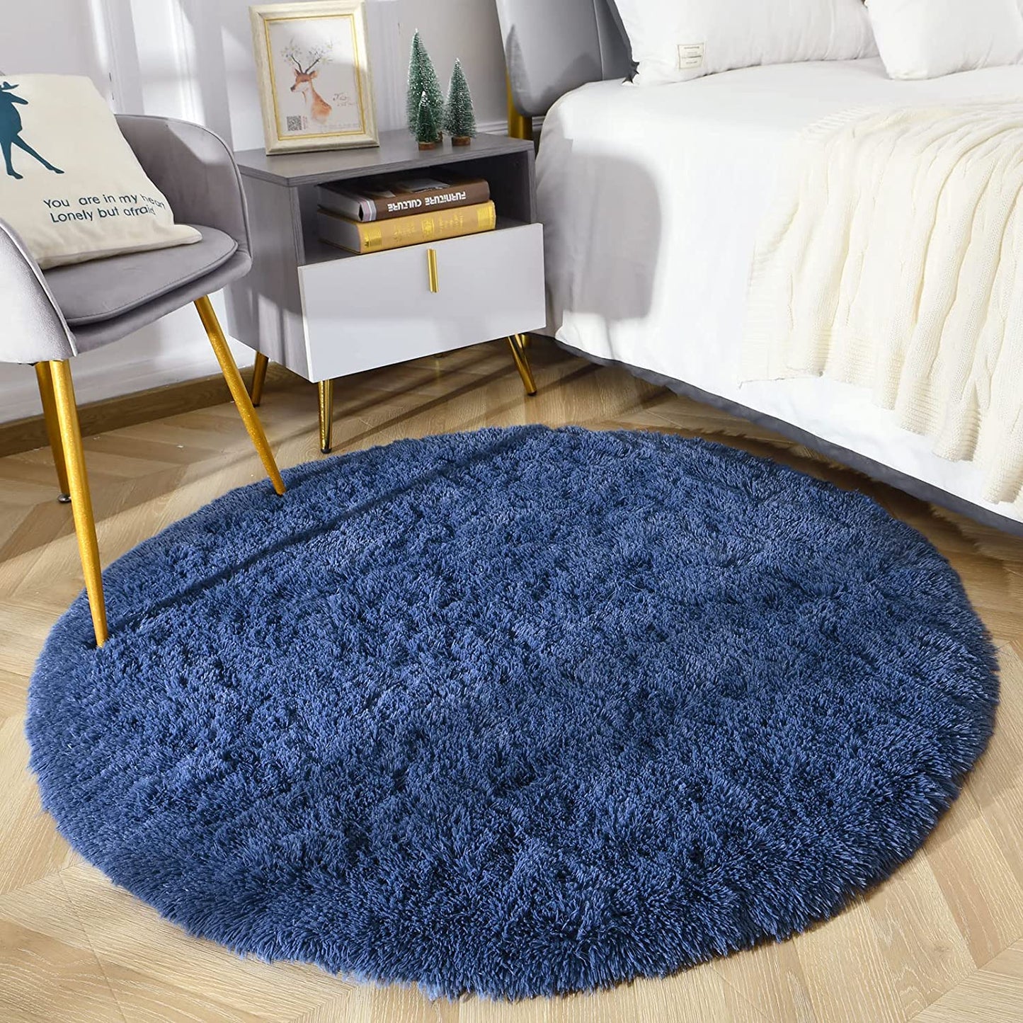 Super Soft round Rugs for Kids Room, Cute Fluffy Plush Shaggy Carpet 4X4 Feet for Girls Bedroom Dorm, Home Decor White for Bedroom, Non-Slip Modern Rugs for Living Room Light Navy