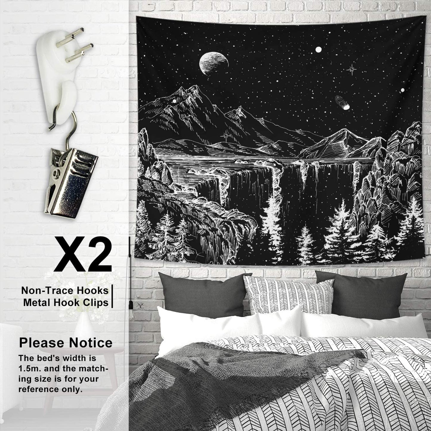 Starry Night Tapestry Mountain Tapestry Moon Stars Tapestry Black and White Tapestry for Bedroom Living Room 59X51 Inch