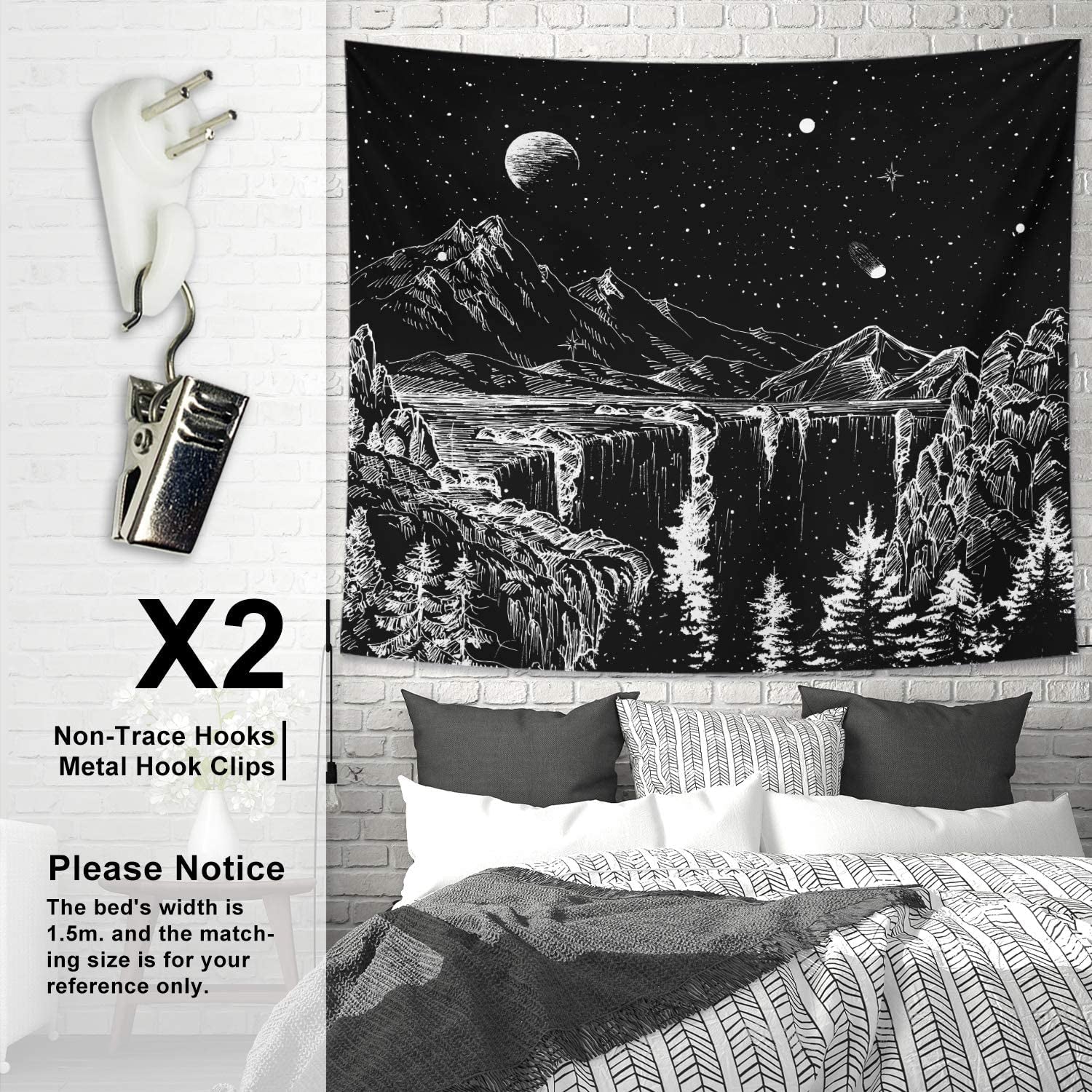 Starry Night Tapestry Mountain Tapestry Moon Stars Tapestry Black and White Tapestry for Bedroom Living Room 59X51 Inch