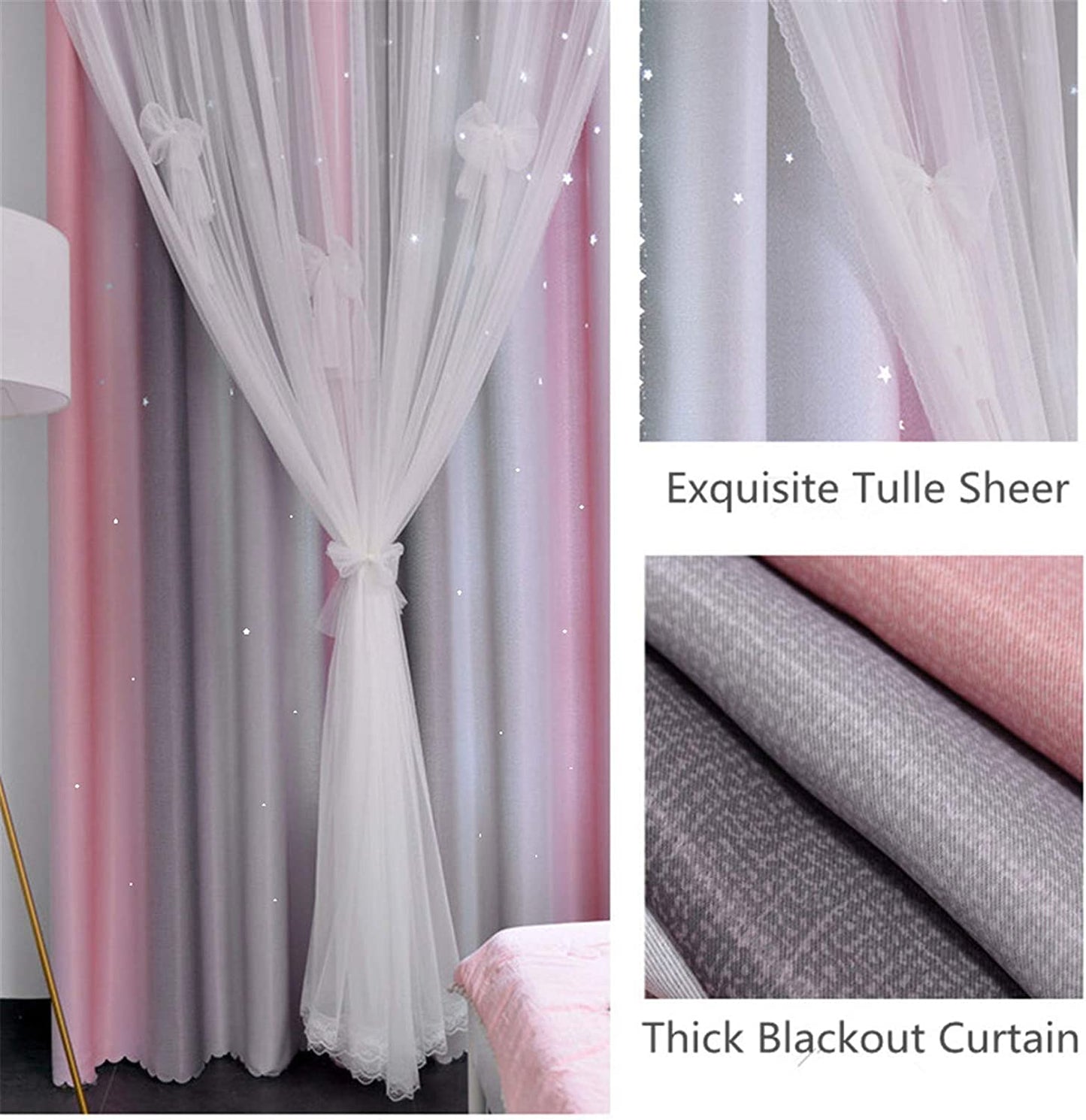 Curtains for Girls Bedroom Kids Curtain Hollow-Out Star Window Nursery Curtain 63 Inches Length Room Darkening Grommet 2 Layers (Pink Grey, W52 X L63)