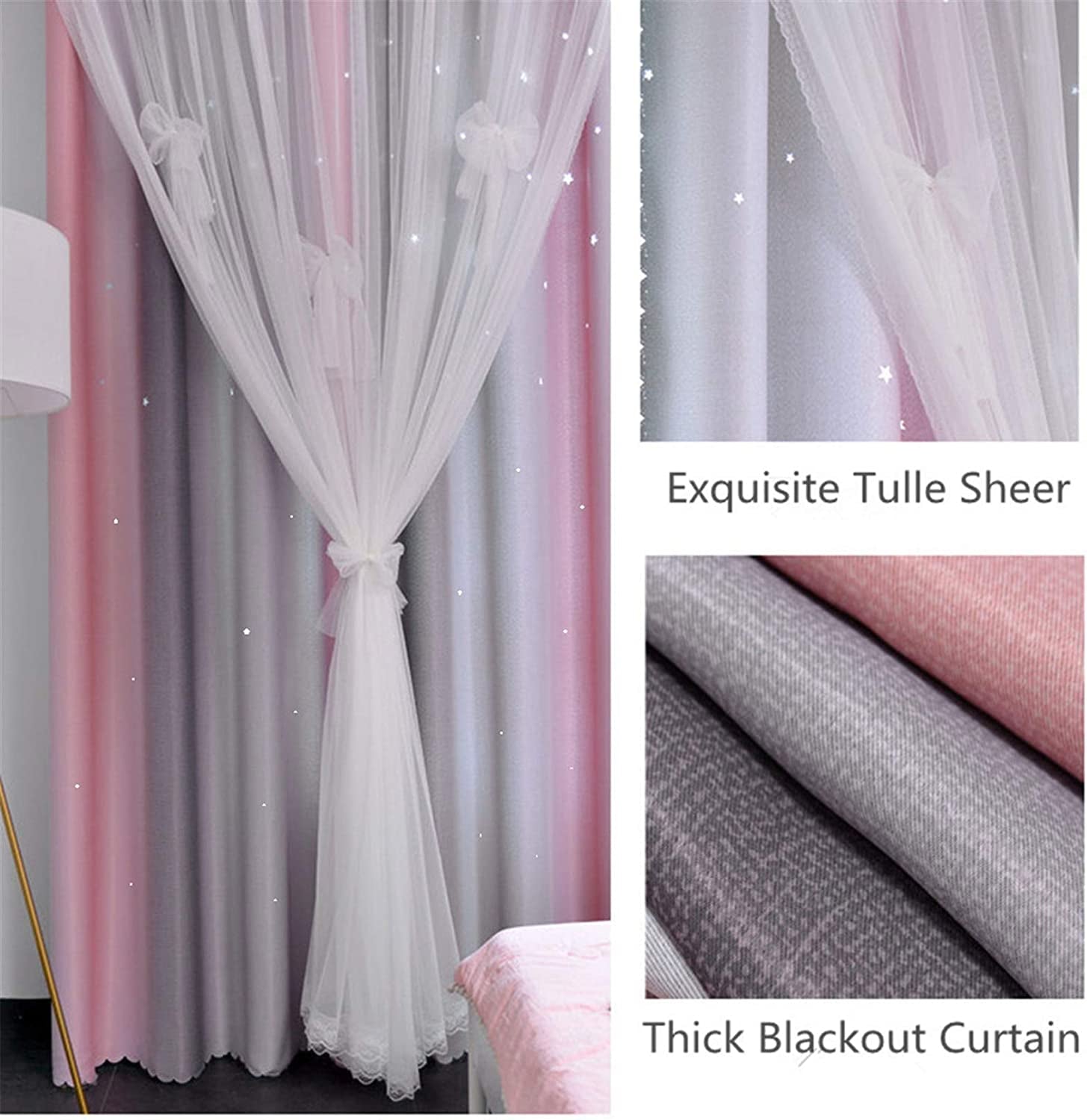 Curtains for Girls Bedroom Kids Curtain Hollow-Out Star Window Nursery Curtain 63 Inches Length Room Darkening Grommet 2 Layers (Pink Grey, W52 X L63)