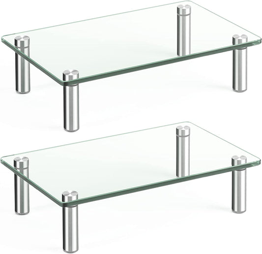 Dual Glass Monitor Stand Riser, 2 Pack Computer Monitor Riser, Clear Monitor Stand for Desk, Create More Storage Space under for Screens/Laptops/Printers