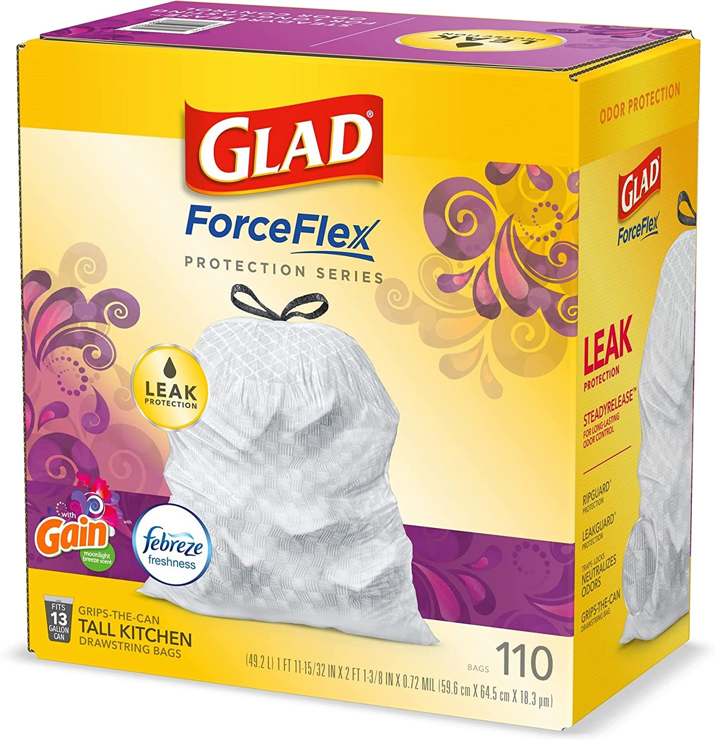 Trash & Food Storage Forceflex Protection Series Tall Trash Bags, 13 Gal, Gain Moonlight Breeze with Febreze, 110 Ct (Package May Vary)