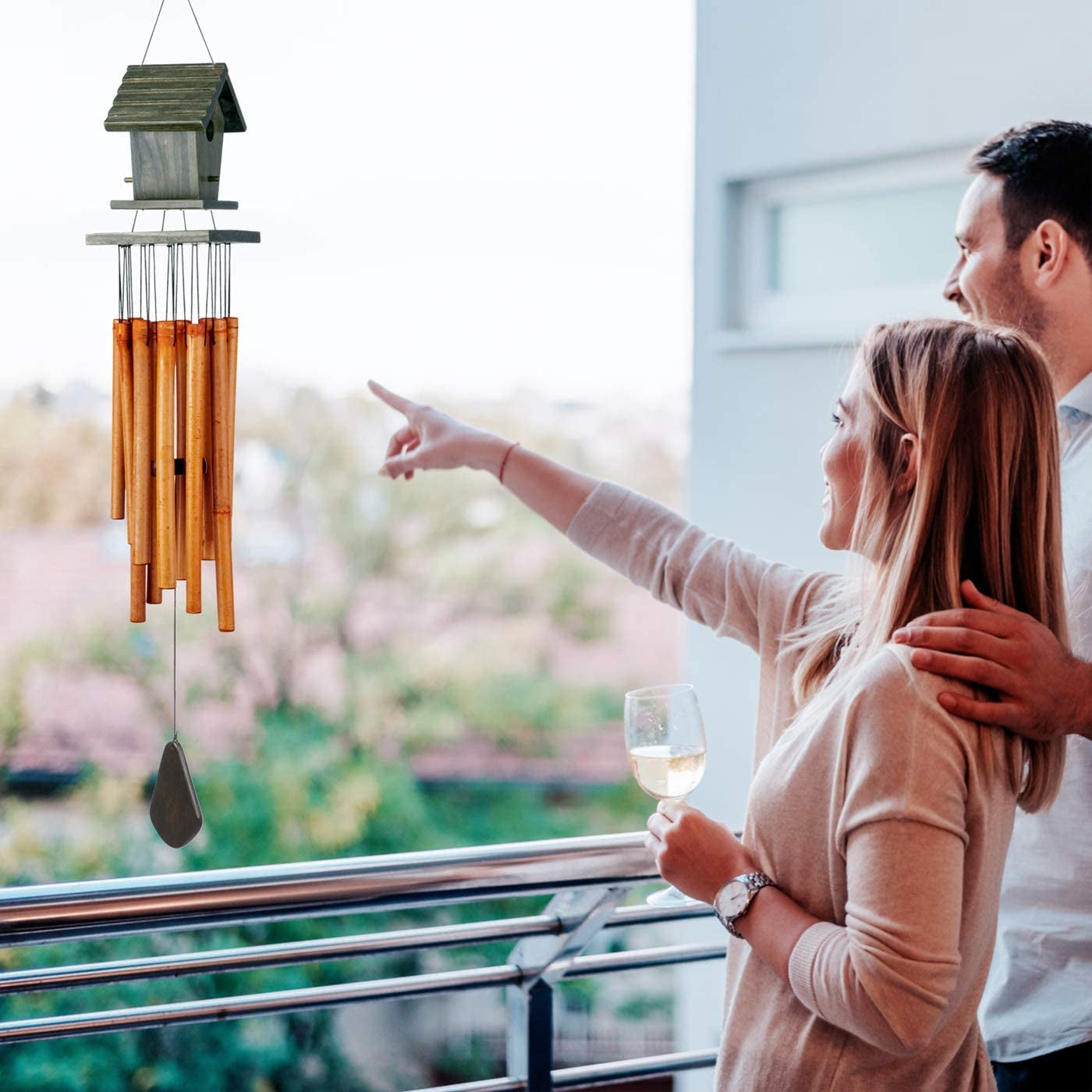 WOODMUSIC Bamboo Wind Chimes Outdoor with Wooden Birdhouse, 36'' Handcrafted Windchimes, Ideal Home Decor or Gift