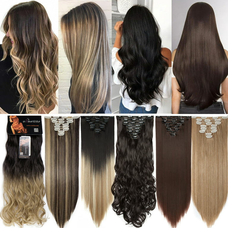 Benehair Clip In Hair Extensions Full Head Long Thick 8 Pieces Hair 18 Clips Curly Wavy Straight Hairpieces 100% Real Natural as Human Best Hair Set 24'' Curly Dark Brown & Ash Blonde