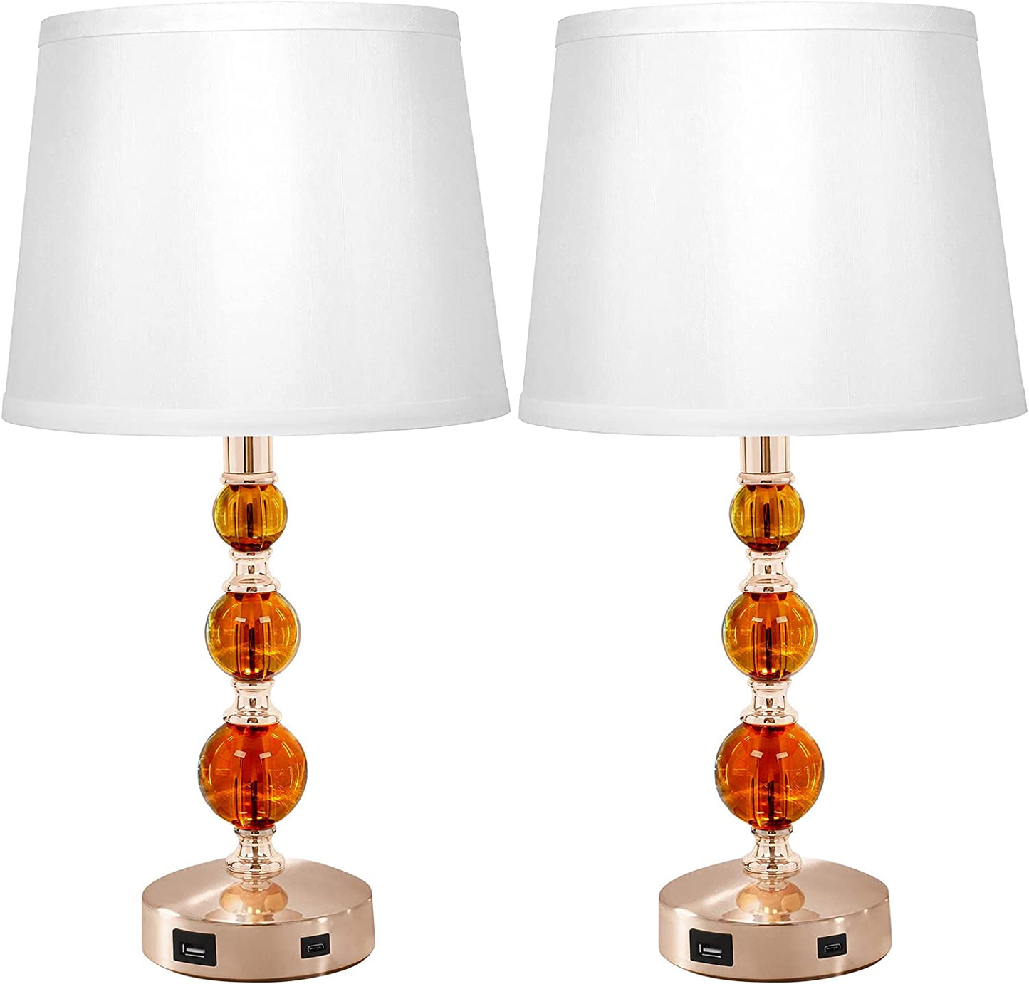 USB Bedside Crystal Lamp, 3-Way Dimmable Touch Nightstand Lamp with USB Charging Port, Orange Table Lamp Decorative Lamp Gold for Bedroom, Living Room, Set of 2( LED Bulb Included)