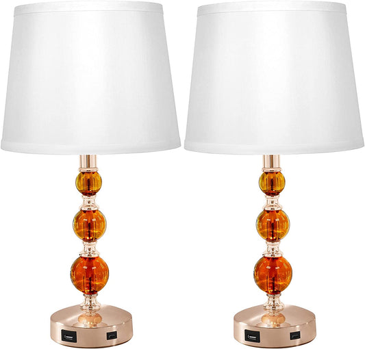USB Bedside Crystal Lamp, 3-Way Dimmable Touch Nightstand Lamp with USB Charging Port, Orange Table Lamp Decorative Lamp Gold for Bedroom, Living Room, Set of 2( LED Bulb Included)