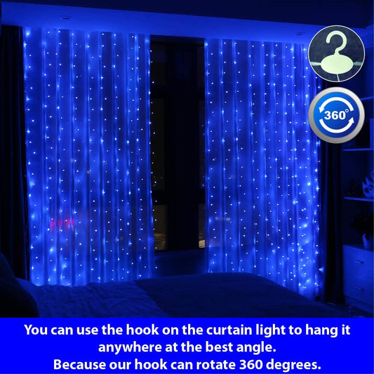 300LED Blue Fairy Curtain Lights with Remote 8 Modes Timer for Bedroom, 9.8X9.8Ft USB Plug in Fairy Hanging String Lights for Outdoor, Weddings, Party, Garden, Wall, Decorations