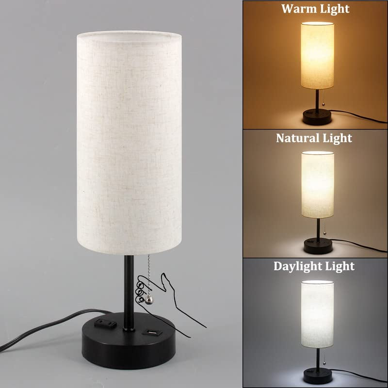 USB Bedside Table Lamp, 2700K 4000K 5000K Nightstand Lamp with Pull Chain, Bedside Lamp with USB Port & AC Outlet, Table Lamp for Bedroom Living Room, Bulb Included, Fabric Linen Lamp Shade