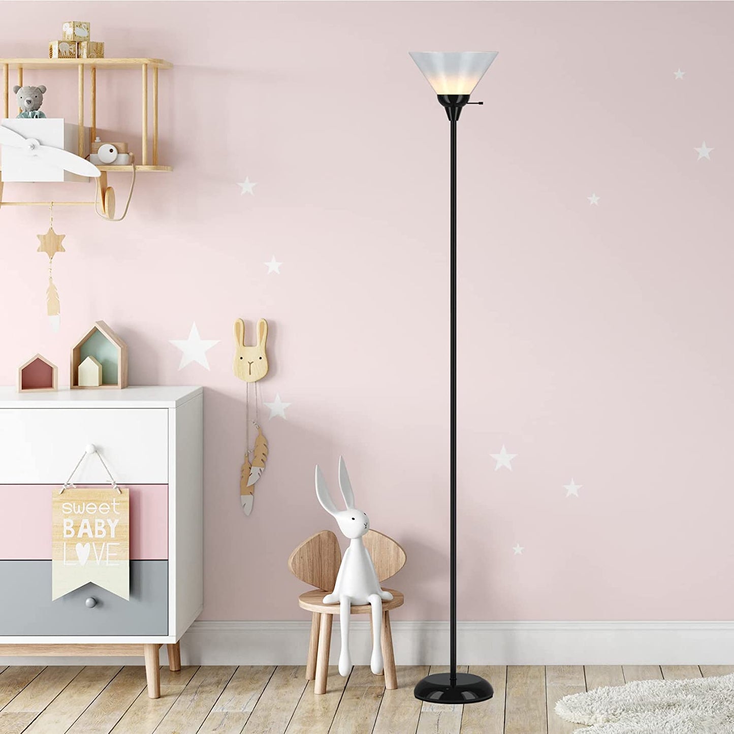 LIGHTACCENTS Black Metal Floor Lamp with Opal White Cone Shade. Model 6113-21 Standing Pole Torch Floor Lamp Torchiere Super Bright Floor Lamp ( Black Finish )