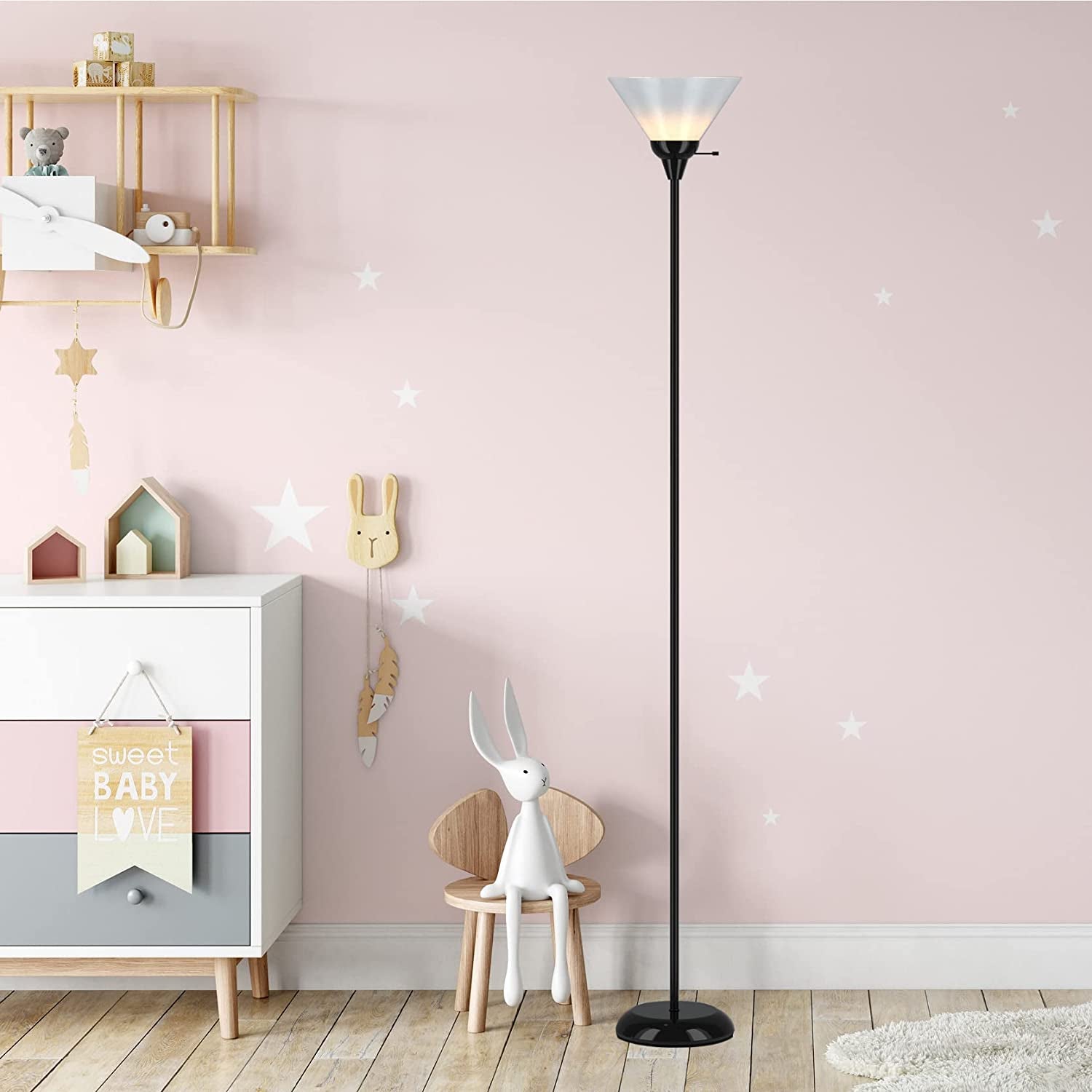 LIGHTACCENTS Black Metal Floor Lamp with Opal White Cone Shade. Model 6113-21 Standing Pole Torch Floor Lamp Torchiere Super Bright Floor Lamp ( Black Finish )