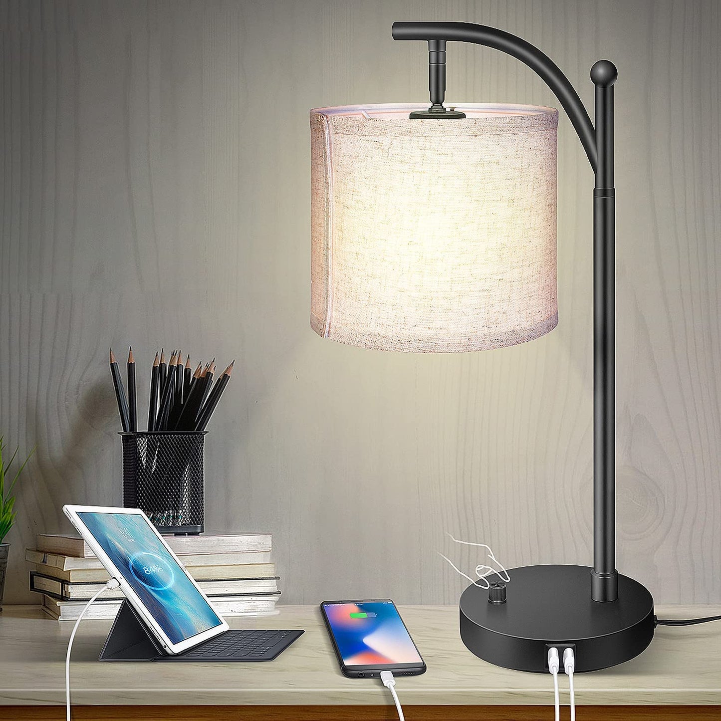 Bedside Lamp with USB Ports(Dual), Stepless Dimmable, Warm Light, Rotary Switch Control,  Eye-Caring Nightstand Lamp, Fabric Lampshade, Bulb Included,Side Table Lamp for Bedroom,Need Installation