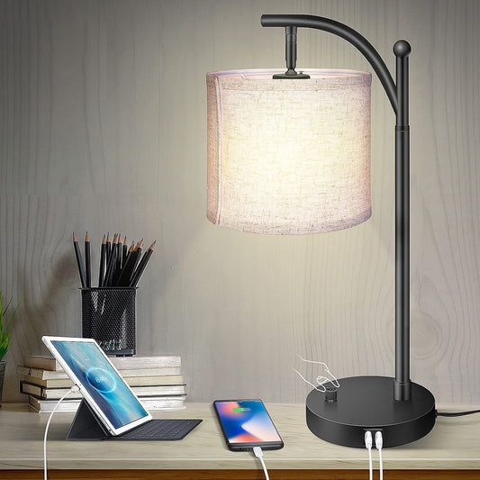 Bedside Lamp with USB Ports(Dual), Stepless Dimmable, Warm Light, Rotary Switch Control,  Eye-Caring Nightstand Lamp, Fabric Lampshade, Bulb Included,Side Table Lamp for Bedroom,Need Installation