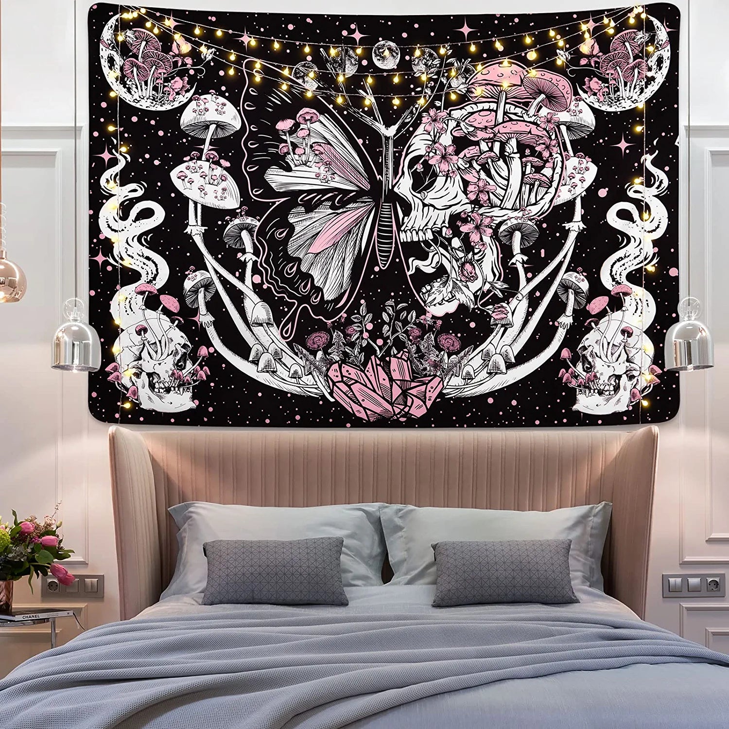 Skull Tapestry Hippie Mushroom Tapestries Aesthetic Moth Tapestry Moon and Stars Tapestry Snake Tapestry Wall Hanging for Room(51.2 X 59.1 Inches)