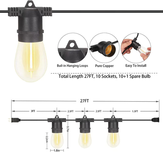 S14 LED Outdoor String Lights, Shatterproof IP65 27Ft (Maximum 918Ft) Outdoor Lights for Patio Lights Outdoor Waterproof, outside Lights for Outdoor Lighting, Edison Vintage Backyard Lights