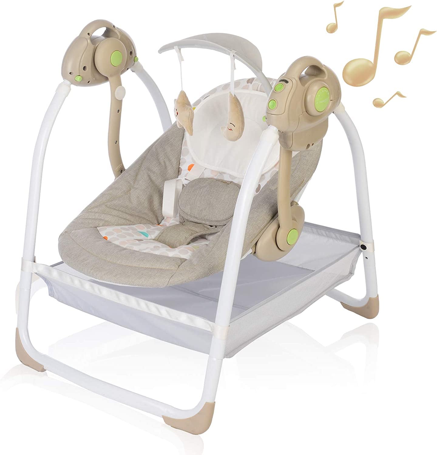 Baby Swings for Infants to Toddler, Compact Baby Swing with 6 Motions, Portable Swing with Music,Sounds,Timing, Baby Rocker with 2 Toys, Plsuh Seat & Soft Head Support, Machine Washable Fabric (Khaki)
