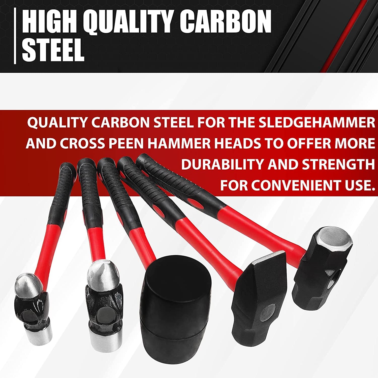 5-Piece Hammer Set, Fiberglass Handle Mallets for Soft Blow Tasks, Shock Reduction Grip Home Garage Kit with Rubber Hammer, Ball Peen Hammer, Sledge Hammer, Cross Peen Hammer