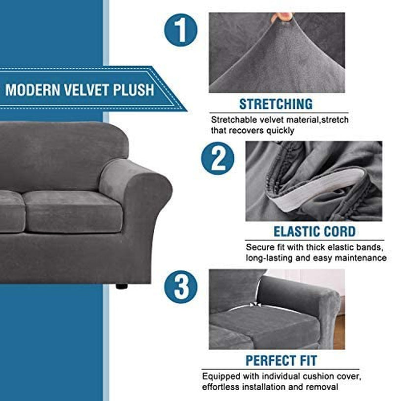 Modern Velvet Plush 4 Piece High Stretch Sofa Slipcover Sofa Cover Furniture Protector Form Fit Luxury Thick Velvet Sofa Cover for 3 Cushion Couch, Machine Washable (Sofa,Gray)