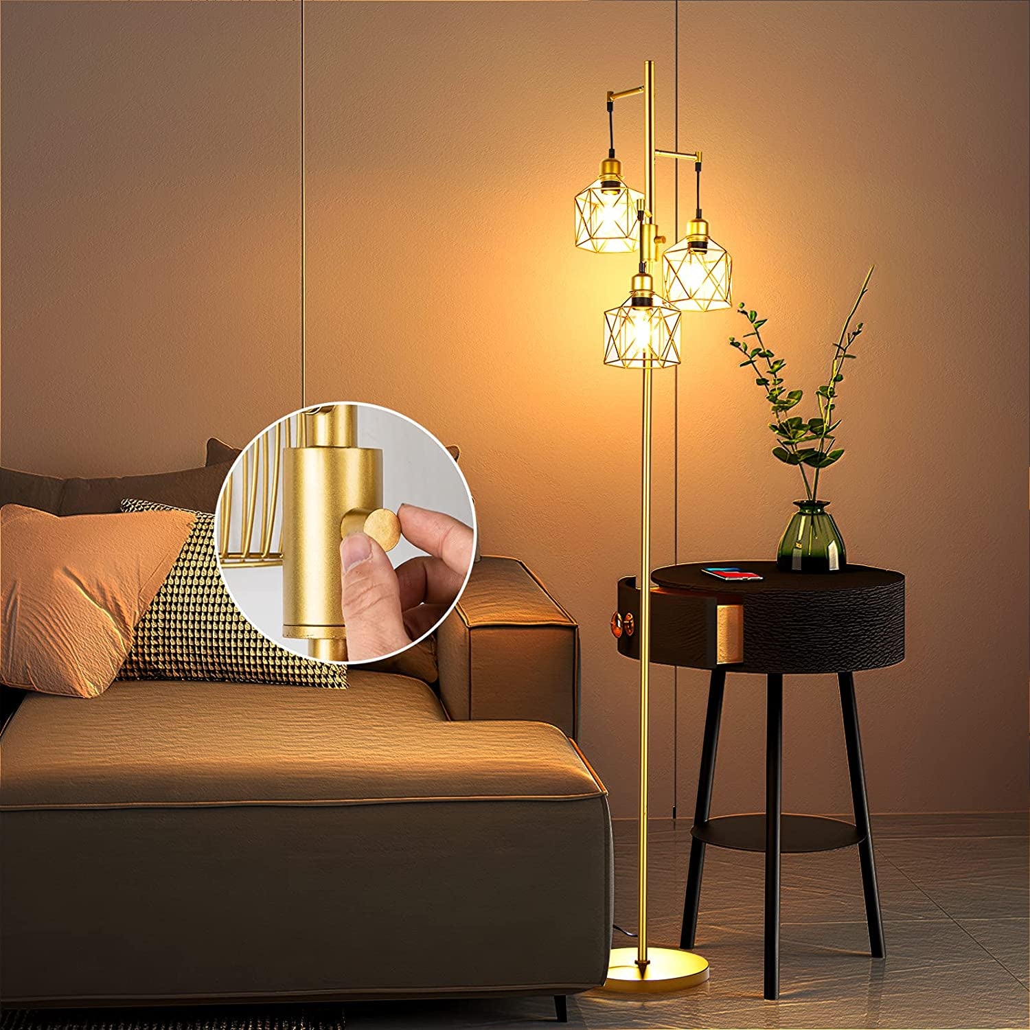 Decorative Gold Floor Lamp,3-Light Farmhouse Floor Lamps for Living Room with Smooth Dimmable ( Adjust Brightness Nightlight ), Modern Style Standing Tall Lamp of Diamond Cage - Bulb Included