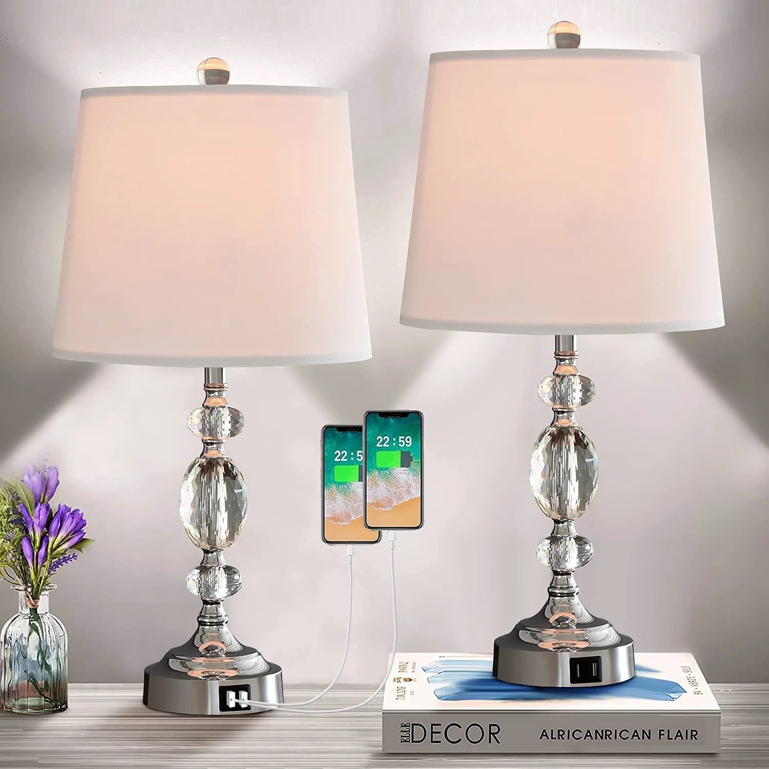 Crystal Table Lamps Set of 2 with Dual USB Charging Ports, Stacked Crystal Ball Nightstand Lamp with White Fabric Shade, Perfect Elegant Bed Lamp for Bedroom, Living Room, Office( Silver)