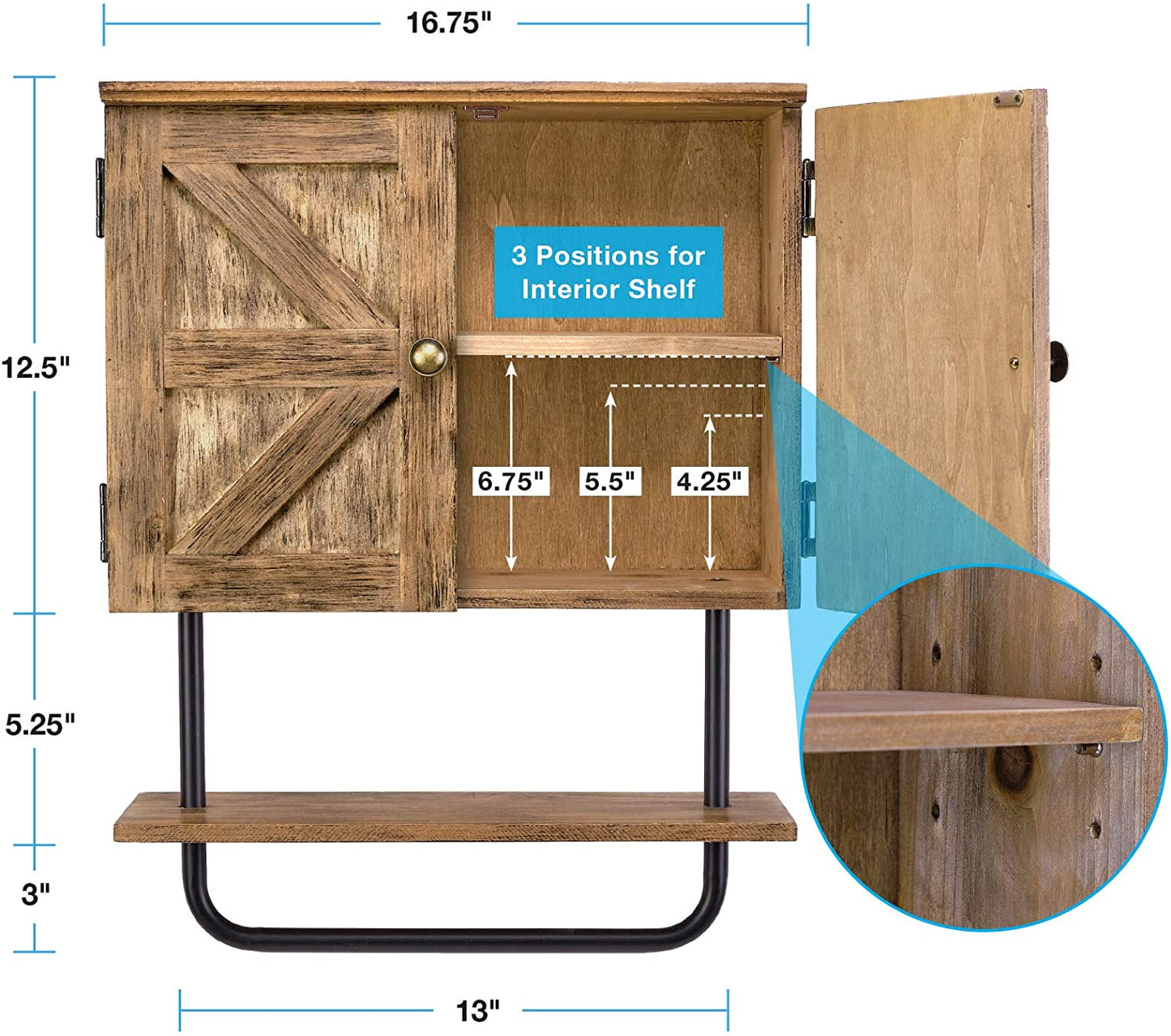 17X21'' Barndoor Bathroom Wall Cabinet, Space Saver Storage Cabinet Kitchen Medicine Cabinet with Adjustable Shelf and Towel Bar, Brown