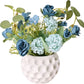 Artificial Rose Flowers in Ceramic Vase Blue, Faux Hydrangea Flower Arrangements for Home Decor Fake Flowers with Vase for Table Centerpieces Decoration