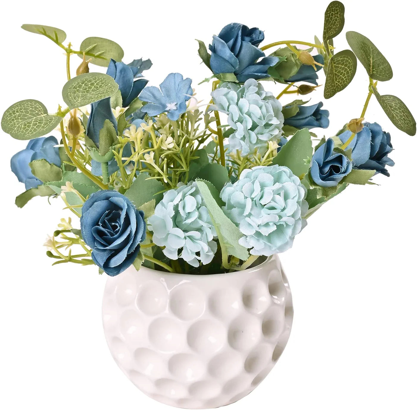 Artificial Rose Flowers in Ceramic Vase Blue, Faux Hydrangea Flower Arrangements for Home Decor Fake Flowers with Vase for Table Centerpieces Decoration