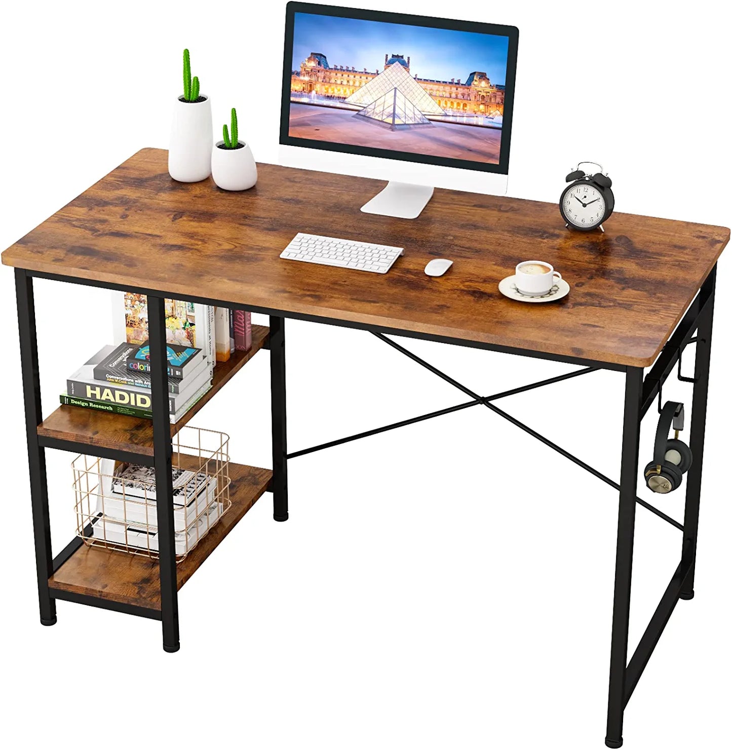 Writing Computer Desk 47", Home Office Study Desk with 2 Storage Shelves on Left or Right Side, Industrial Simple Style Wood Table Metal Frame for PC Laptop Notebook