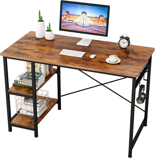 Writing Computer Desk 47", Home Office Study Desk with 2 Storage Shelves on Left or Right Side, Industrial Simple Style Wood Table Metal Frame for PC Laptop Notebook