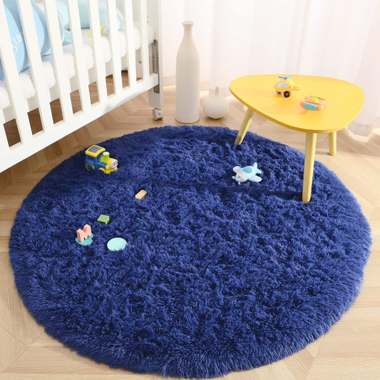 Super Soft round Rugs for Kids Room, Cute Fluffy Plush Shaggy Carpet 4X4 Feet for Girls Bedroom Dorm, Home Decor White for Bedroom, Non-Slip Modern Rugs for Living Room Light Navy