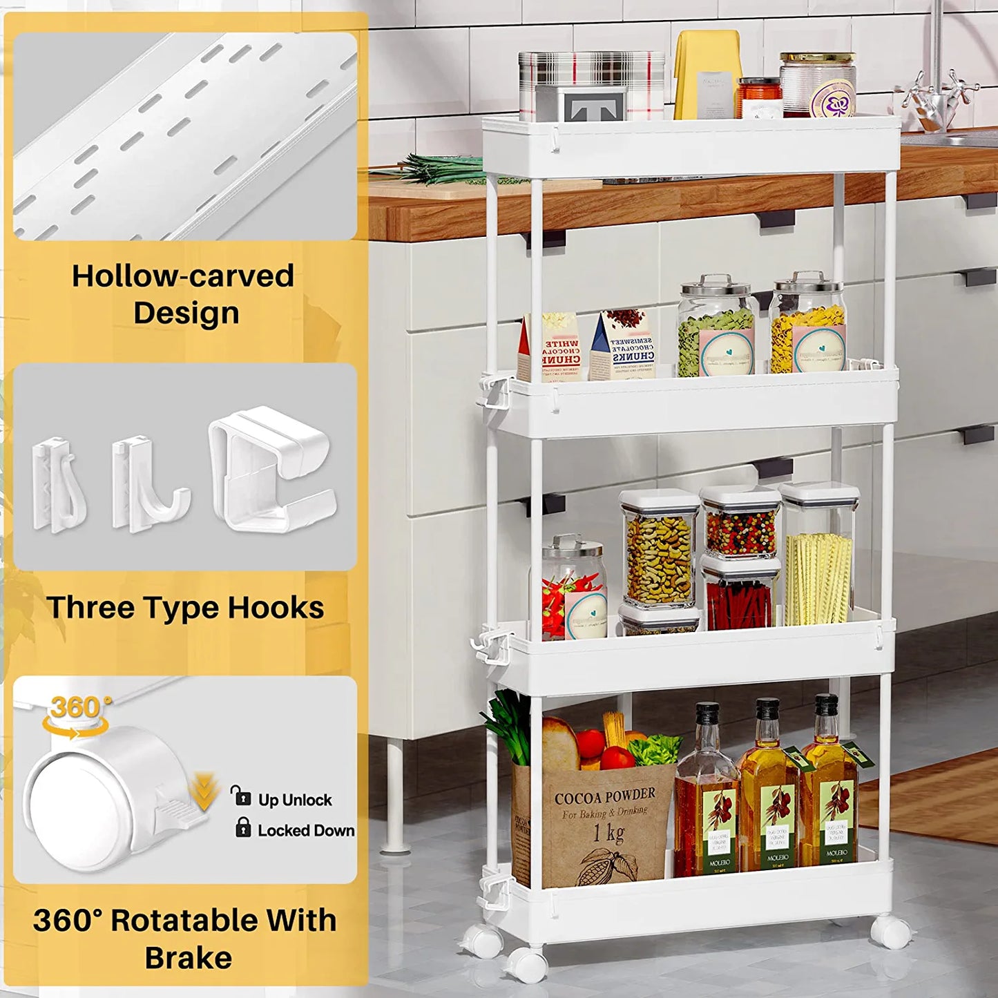 Slim Rolling Storage Cart 4 Tier Bathroom Organizer Mobile Shelving Unit Storage Rolling Utility Cart Tower Rack for Kitchen Bathroom Laundry Narrow Places, White