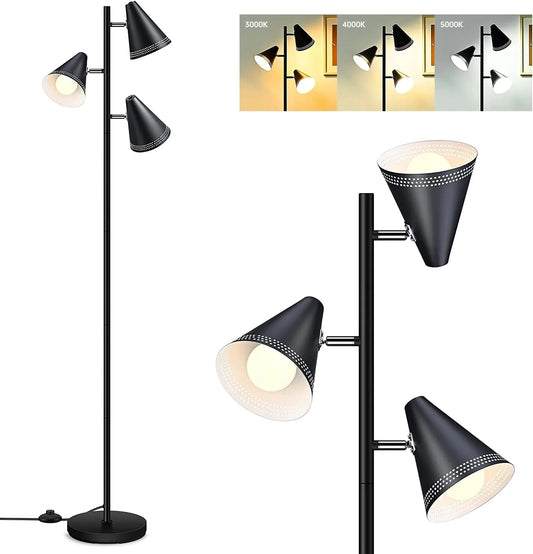 Boostarea Farmhouse Floor Lamp,Standing Tall Pole Lamp,3Pcs 9W LED Tree Floor Lamp,3-Color Temperature,Adjustable Metal Lampshades,Footswitch,Industrial Floor Lamp for Living Room,Bedroom,Home,Black