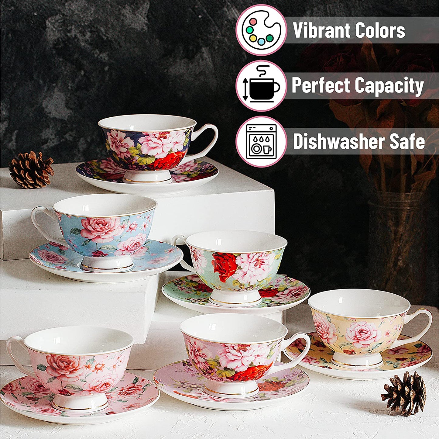 Btat- Tea Cups, Tea Cups and Saucers Set of 6, Tea Set, Floral Tea Cups (8Oz), Tea Cups and Saucers Set, Tea Set, Porcelain Tea Cups, Tea Cups for Tea Party, Rose Teacups, Christmas Gift